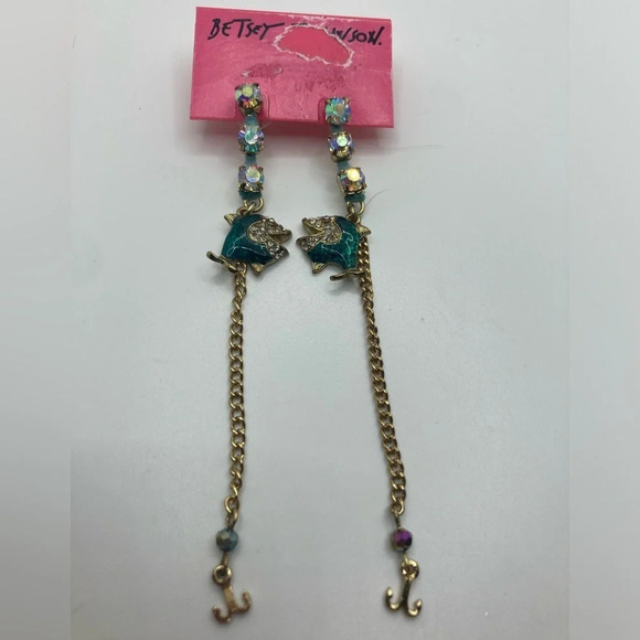 BETSEY JOHNSON Vintage Enamel Fish Hook Dangle Drop Gold-Tone Earrings OOAK NWT - Picture 1 of 5